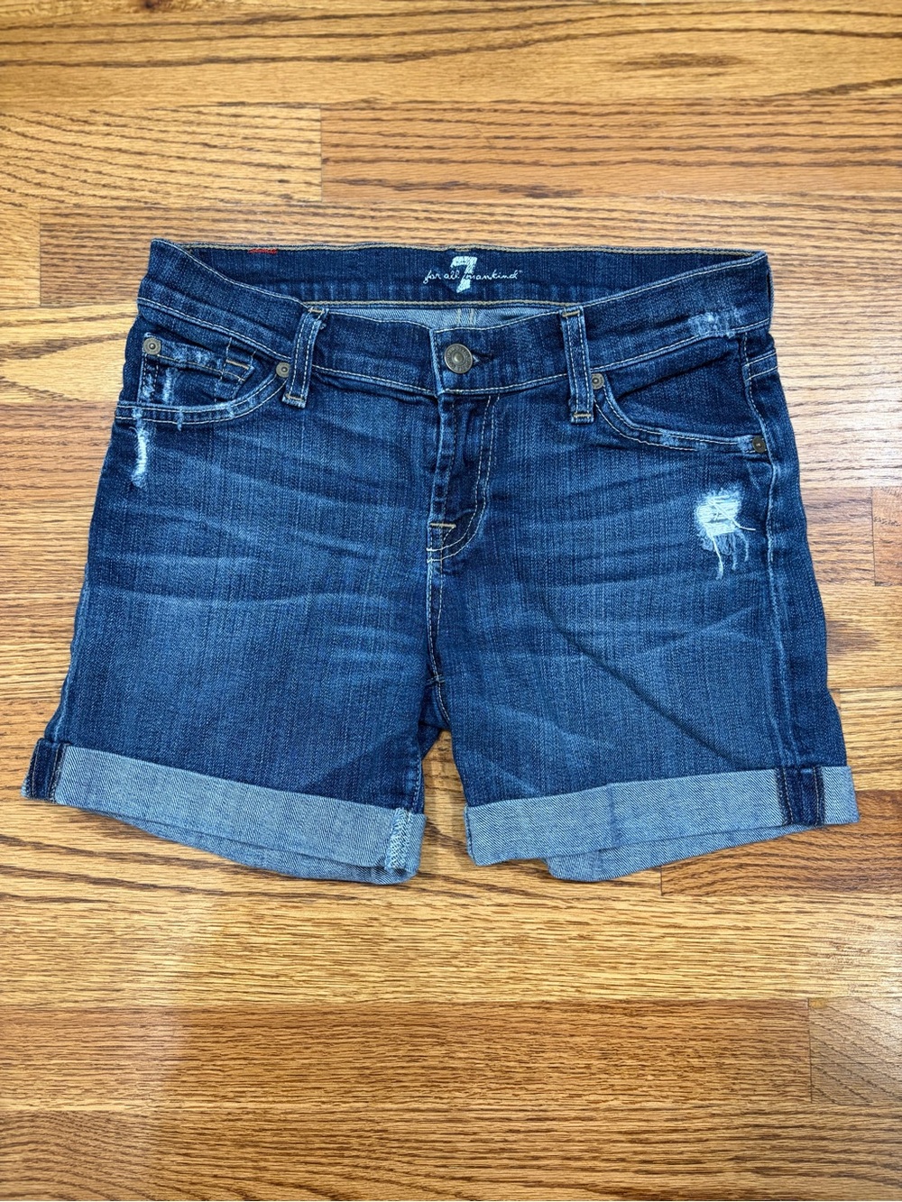 7 For All Mankind Mid-Rise 4.5" Rolled Cuff Distressed Denim Shorts (25)